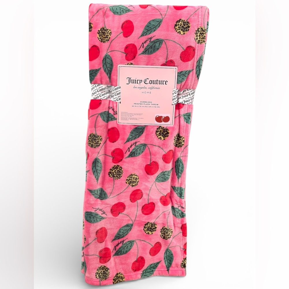 Juicy Couture Pink Oversized Plush Throw Red and Leopard Cherries Cherry NEW NWT
